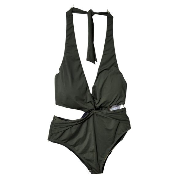 NEW Lauren‎ Ralph Lauren Twist-Front Cutout Halter One-Piece Olive Green Size 10 - Picture 4 of 9